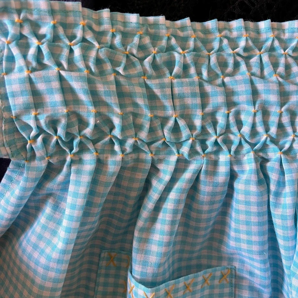 Vintage 70s handmade apron Blue‎ Gingham Retro Cottagecore smocking hostess